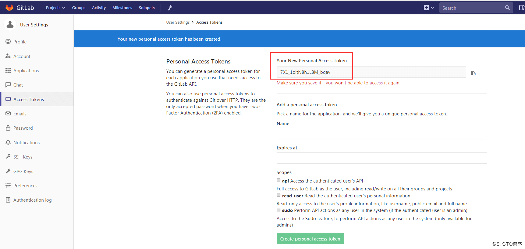 Gitlab API token生成