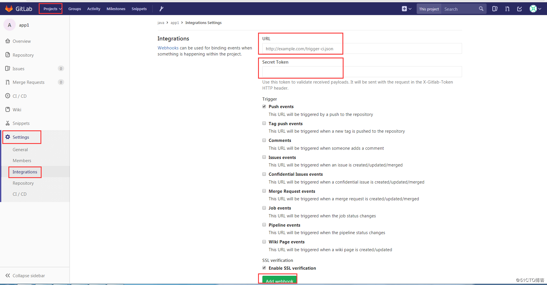 Gitlab Add webhook
